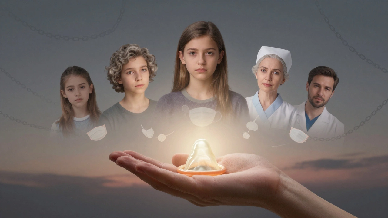 A hand holding a condom surrounded by glowing faces, symbolizing dignity and the end of stigma.