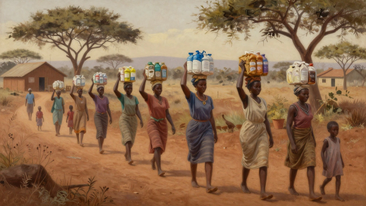 African women health workers walking through rural villages carrying medicine to those in need.