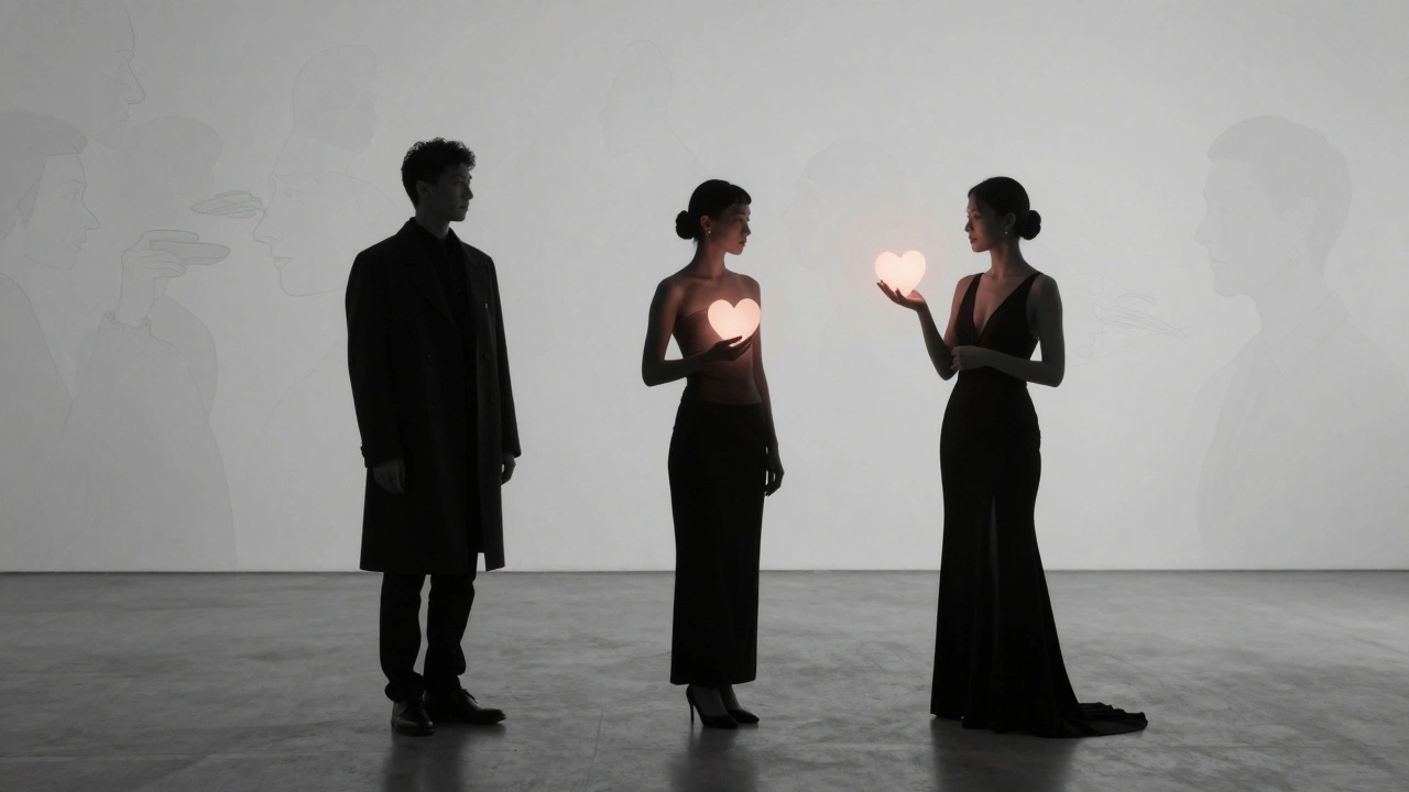 Three cultural silhouettes each holding a glowing heart, symbolizing emotional labor beyond physical appearance.