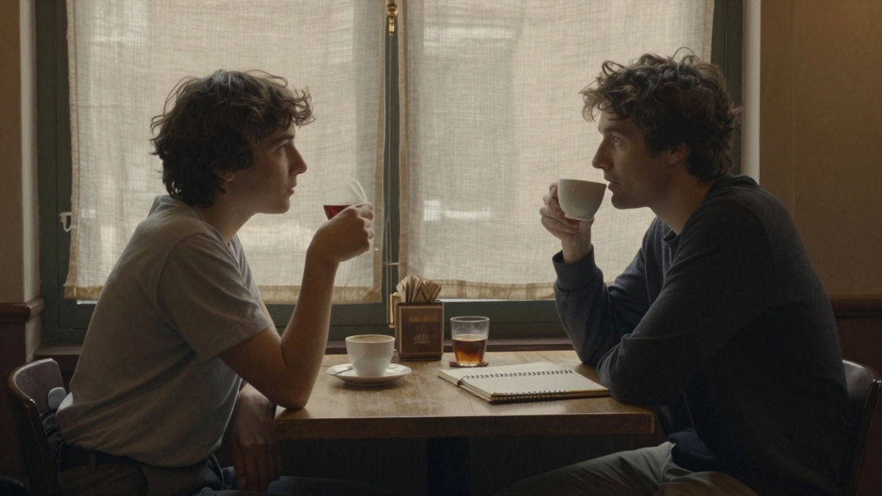 Two individuals having a quiet coffee conversation in a cozy Avignon café.